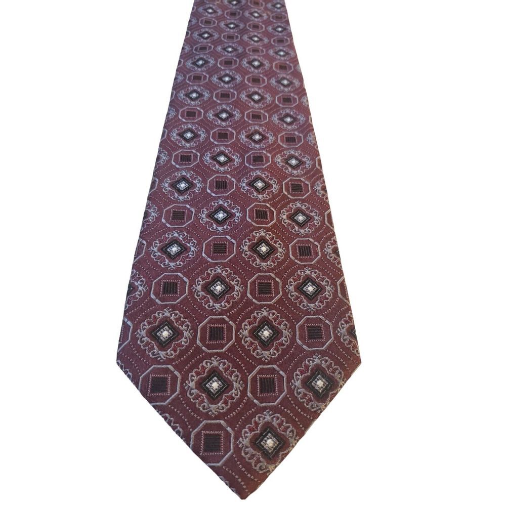 Jos A‎ Bank Signature Collection Burgundy Woven Geometric 100% Silk Tie Long